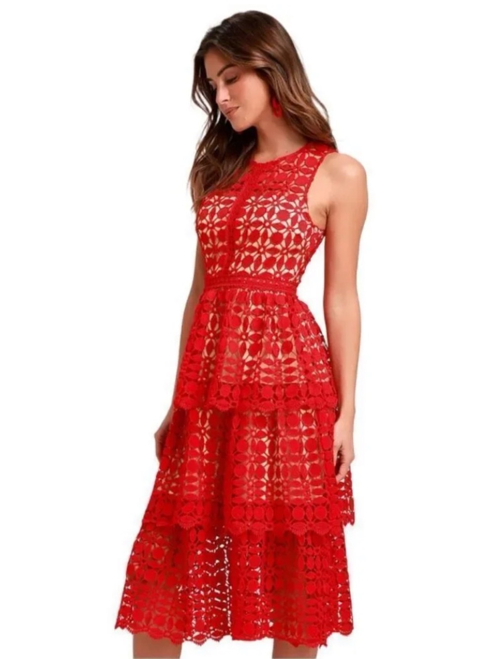 Ryan Michelle | Women’s Red Crochet Sleeveless Two-Tier Back Zip Midi Dress Sz L